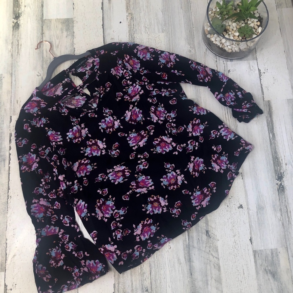Lane Bryant Floral Crepe Long Sleeve Ruffle  Black